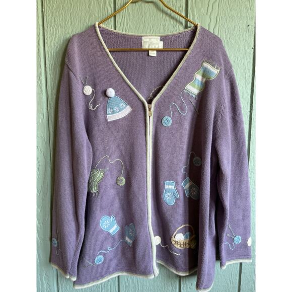Vintage Hand Embroidered Winter Knit Theme Cardigan – 2X – Lilac Zip Up Sweater - Picture 1 of 6